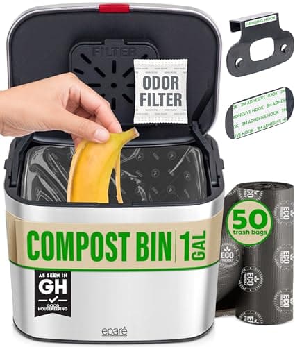 Eparé Kitchen Compost Bin Countertop - 1 Gallon Odorless Small Stainless Steel Composting Bin - Hanging Food & Waste Counter Top Trash Can - with 50 Compostable Trash Bags & Carbon Filter