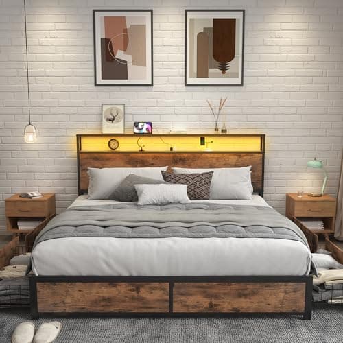 Lifezone Queen Bed Frame with 2-Tier Storage Headboard, Metal Platform Bed Frame with 4 Storage Drawers, Built in Charging Station & LED, Noise-Free/Metal Support/No Box Spring Needed, Vintage Brown 6