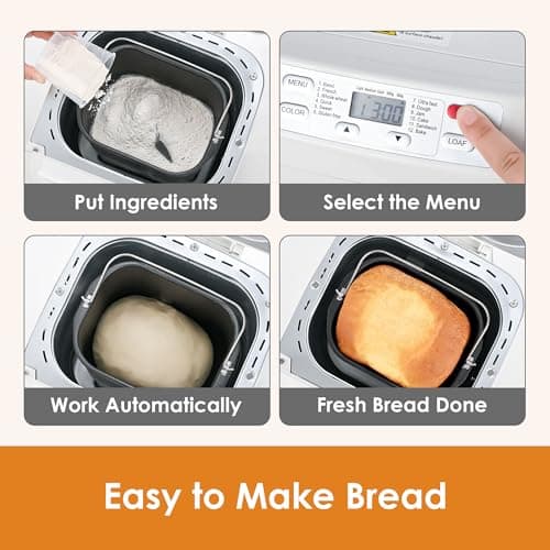 Bread Machine, Kitchen in the box 2LB 12-IN-1 Bread Maker, Gluten-Free Setting, Auto Fruit Nut Dispenser & Nonstick Pan, 2 Loaf Sizes,13H Reserve & 1H Keep Warm (White) 5