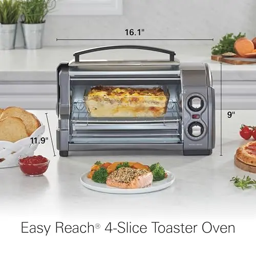 Hamilton Beach Easy Reach 4-Slice Countertop Toaster Oven With Roll-Top Door, 1200 Watts, Fits 9” Pizza, 3 Cooking Functions for Bake, Broil and Toast, Silver (31344DA) 8
