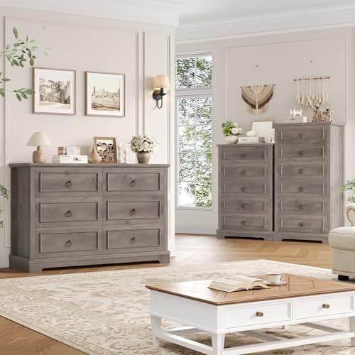 HOSTACK 6 Drawer Dresser for Bedroom, Modern Farmhouse Chest of Drawers, 47.2" Wide Wood Double Dresser, Rustic Brown Storage Cabinet for Living Room, Entryway, Hallway, Ash Grey 9