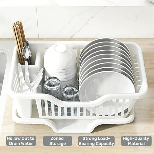 Noamus 2-Piece Plastic Dish Drying Rack, Heavy Duty Sink Set Dish Rack, White Large Drainer with Attached Drainboard Utensil Cup Holders for Home Kitchen Counter Top Organizers 5