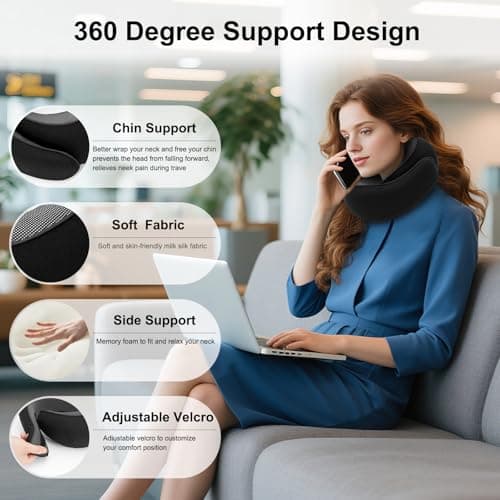Bely King Travel Neck Pillow for Airplane - 100% Memory Foam 360° Ergonomic Support - Adjustable Velcro, Washable Velvet Cover & Compact Storage Case - Flight Essentials for Sleeping (Black) 7