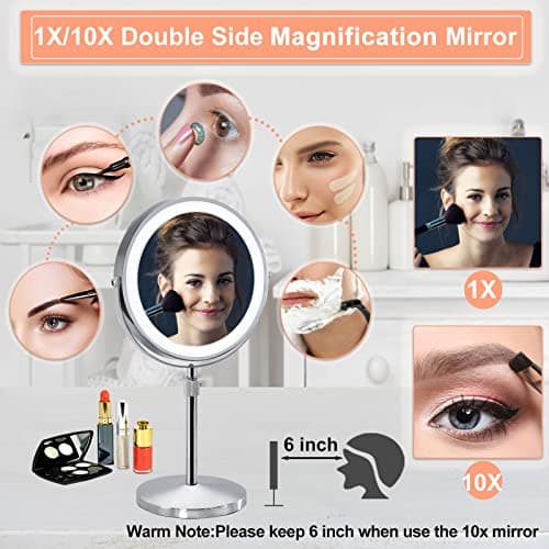 AIKELIN 8" Makeup Mirror with Lights,10X Magnifying Vanity Mirror with 3 Color LED Lights,4000mAH Adjustable Height Tabletop Cosmetic Mirror with Rechargeable Double Sided Lighted Mirror,Chrome 5
