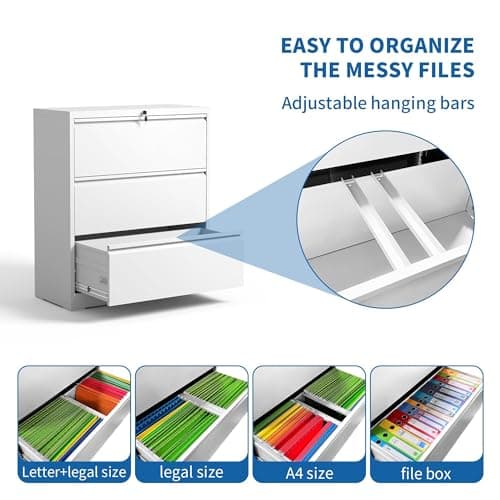 Lateral 3 Drawer File Cabinet with Lock, Metal Large-capacity Fully Extendable Drawers for Home Office, Adjustable Hanging Rods for A4/Legal/Letter Sizes, Anti-tipping Design, Require Assembly, White 6