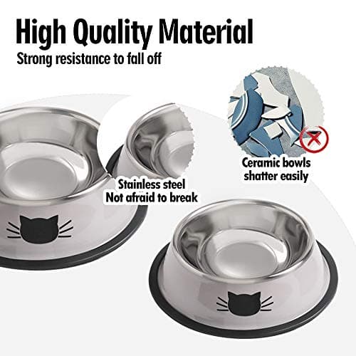 Cat Bowls for Food and Water,2PCS Rapsrk Non-Slip Stainless Steel Small Food Bowls 8 Oz Pet Bowl with Removable Rubber Base Dog Bowl,Stackable Cat Puppy Dishes Bowls with Cute Cats Painted 6