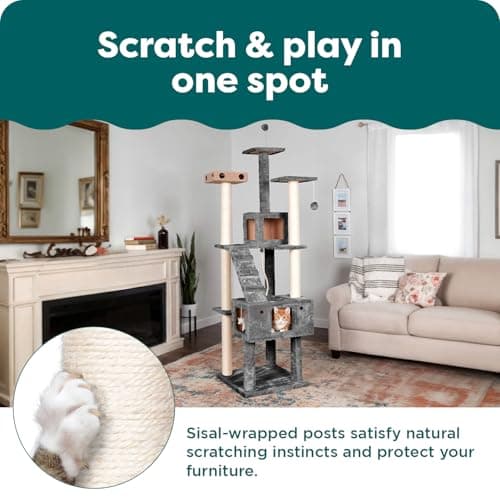 FurHaven 69.3" Tall Cat Scratching Post Tower for Indoor Cats, Sisal Cat Tree with 2 Condos, Tiger Tough Double Decker Playground, Toys & Perches for Cats, Sisal, Silver Gray 6