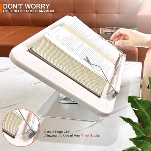 HARRYFIT Book Stand for Reading, 360° Rotate & Multi Heights Adjustable Book Holder,Foldable Cookbook Book Stands with Elastic Page Clips for Sheet Music, Recipe, Laptop, Textbook (Light Wood) 8