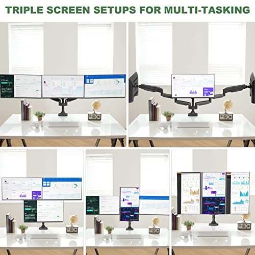 UPGRAVITY Triple Monitor Stand for Three Computer Screens up to 32”, Heavy Duty C-Clamp Base, Fully Adjustable Gas Spring 3 Monitor Desk Mount Arms Hold up to 30.9 lbs Each 5