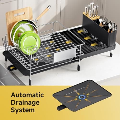 Urackify Large Dish Drying Rack - 304 Stainless Steel Dish Rack for Kitchen Counter, Extendable Dish Drainers with Cutlery & Cup Holders, Black 5