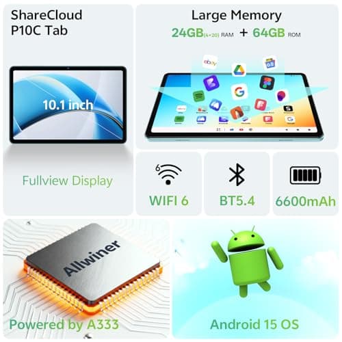SHARECLOUD Tablet 10.1 inch, Android 15 Tablet with Case, 24GB RAM + 64GB ROM 1 TB Expandable, 1280x800 HD IPS Touch Screen, 8H Battery, WiFi 6, BT 5.4, Dual Camera (Blue) 2
