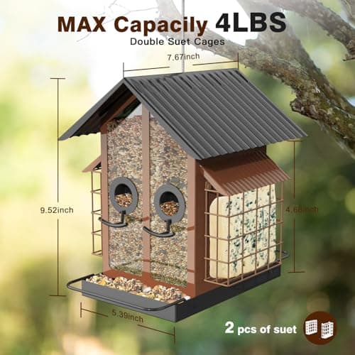 FlowaFoli Bird Feeders for Outdoors, Metal Bird Feeder with Double Suet Cage Weatherproof Metal Roof, 2 in 1 Mixed Seeds Suet Feeder, 4Lbs Large Capacity, Great for Finch、Cardinal、Chickadee（Brown） 7