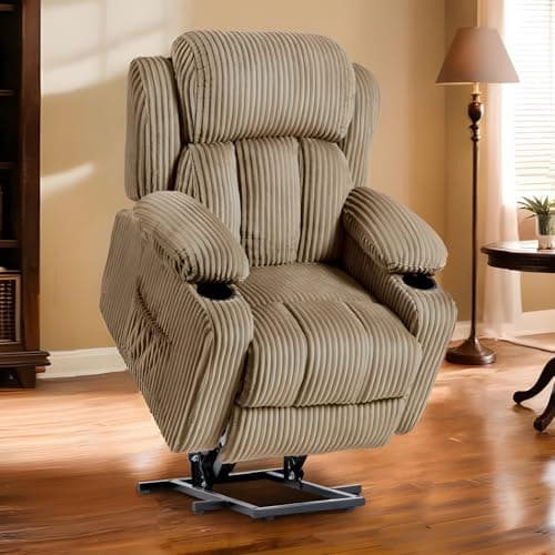 FLEXISPOT XL31 Power Lift Recliner Chair for Elderly, Electric Lift Chair with Massage & Heat, Corduroy Reclining Sofa w/Cup Holders, Side Pockets for Living Room Bedroom(Medium Size,Khaki) 9
