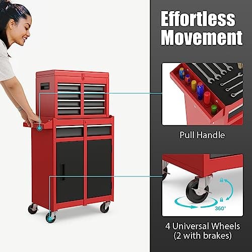 Goplus Tool Chest, 5-Drawer Rolling Tool Storage Cabinet with Detachable Top Tool Box, Liner, Universal Lockable Wheels, Adjustable Shelf, Locking Mechanism, Metal Tool Cart for Garage Workshop 5