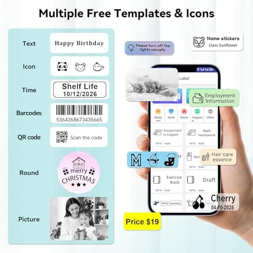 lopevi Label Maker Machine - Portable Bluetooth Mini Label Printer - Smartphone Handheld Thermal Sticker Small Labeler Multiple Templates Font Icon Inkless Custom Label for Home Kids School Items 5
