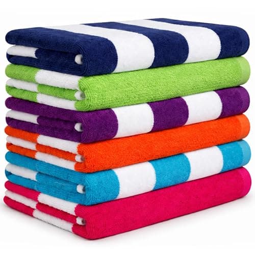 BolBom*S Beach Towels 6 Pack Large 30x60-100% Cotton Beach & Pool Towels Bulk Cabana Stripe - Quick Dry Bath Towel Set for Swim, Beach Essentials, Bathroom, Hot Tub, Yoga, Hotel & Airline Guests