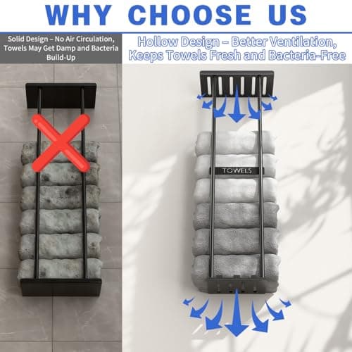 DwellDeal 2-Tier Wall-Mounted Towel Rack with Hooks & Shelf, Black Metal Towel Holder for Small Bathrooms (Standard Version) 6