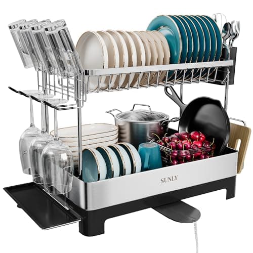 SUNLY 2 Tier Dish Drying Rack, Extra Large Dish Rack, Multifunctional Large Dish Drainers for Kitchen Counter, 304 Stainless Steel Kitchen Drying Rack, Bowl Drying Rack, Extendable Drain Spout, Black