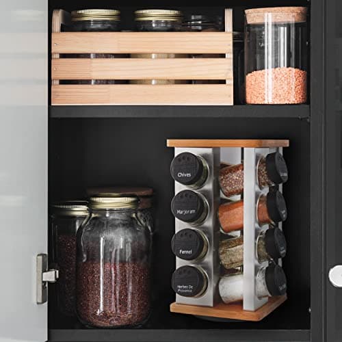 Kamenstein 16 Jar Warner Revolving Countertop Spice Rack Organizer with Lift & Pour Caps and Spices Included, FREE Spice Refills for 5 years, Stainless Steel & Bamboo with Black Caps 5