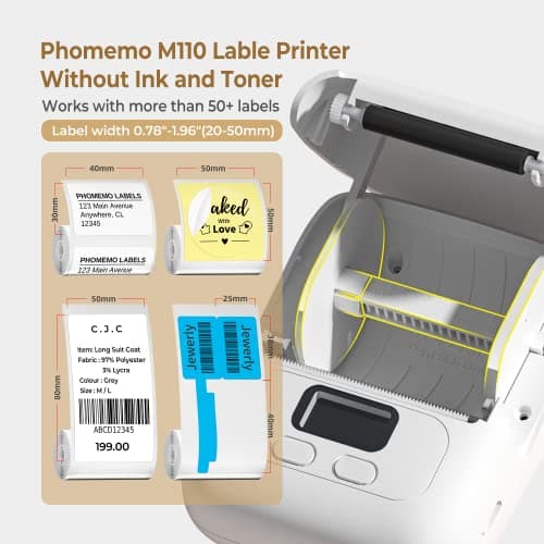 Phomemo M110 Label Makers - Portable Bluetooth Thermal Label Maker Machine,Label Printer for Name, Barcode, Clothing, Jewelry, Retail, Mailing, for Android & iOS, with 1Pack 40×30mm Label, White 7