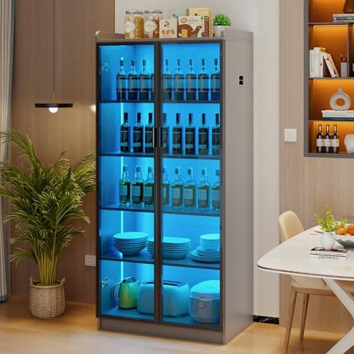 Lvifur 65" Display Cabinet with Lights, 5 Tier Curio Cabinets Bookcase with Adjustable Shelves, Tall Storage China-Cabinet with Human Body Induction for Living Room (Grey) 8