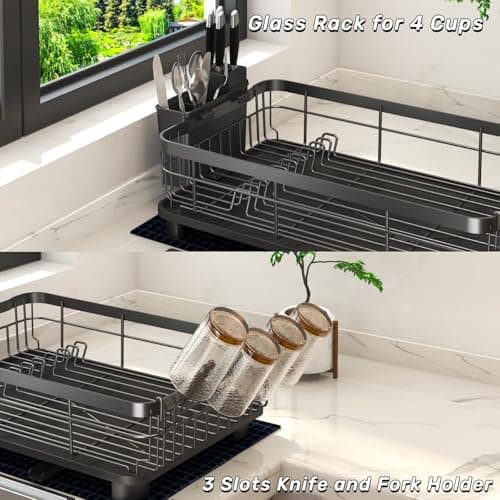 Godboat Dish Drying Rack, Dish Rack with Auto-Drain & Mat, Dish Drainers for Kitchen Counter, Glass Organizer for 4 Cups, 3 Slots Utensil Holder, Gifts for Women Mothers Day, Kitchen Gadgets & Decor 7