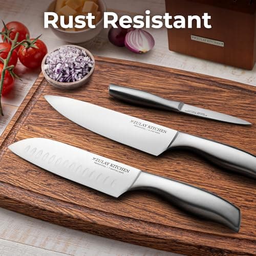 Zulay 15 Piece Stainless Steel Knife Set with Block and Sharpener - Sharp Knife Block Set with Built In Sharpener - Kitchen Knife Set With Block - Rust Proof Knife Set Stainless Steel 5