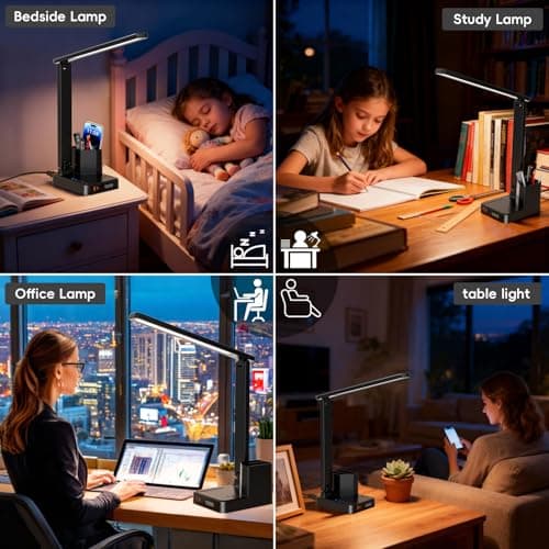 cozoo LED Desk Lamps for Home Office, Modern Dimmable Eye Caring Desk Light with USB Charging Ports AC Outlet, Pen Holder,Touch/Memory/Timer, Kids Small Table Lamp for Reading, Bedroom, Study, Craft 5