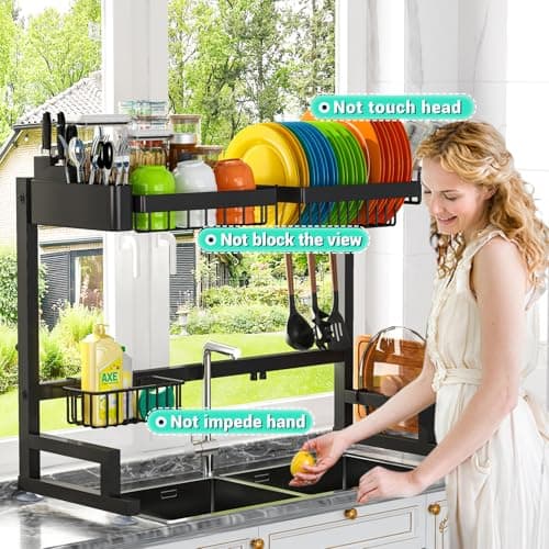 ADBIU Fit Sink 24.5"- 35.5" L Over Sink Dish Drying Rack (Expandable Dimension) Snap-On Design 2 Tier Large Kitchen Dish Rack Stainless Steel Counter Organization and Storage 6