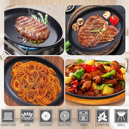 Cast Iron Fajita Skillet, Sizzler Plate with Handle, Cast Iron Pan Black, Oval Sizzling Plate, Fajita Plate for Home Party Restaurant BBQ, Steak Skillet Baking Tray, Kitchen Cooking Accessory 7