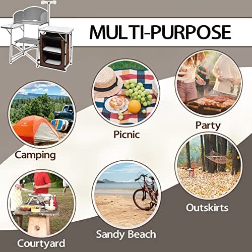 CampLand Folding Camping Kitchen Table with Windscreen,Portable Outdoor Cooking Station with Storage Cabinet & Side Tables Heavy Duty Camp Cook Station for Camping & BBQ（White） 7