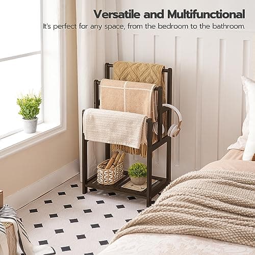 HOOBRO Standing Towel Rack, 3-Tier Blanket Rack Holder, 16.5" L x 11.8" W x 30.3" H, Bamboo Drying and Display Rack with Shelf, for Bedroom, Living Room, Bathroom, Mocha MA03LB01 8