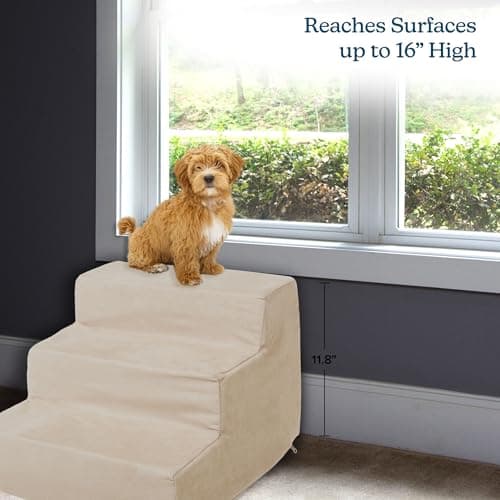 3-Step Pet Stairs - Nonslip Foam Dog and Cat Steps with Removable Zippered Microfiber Cover - 2-Tone Design for Home or Vehicle Use by PETMAKER (Tan) 5