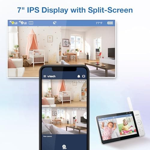 VTech Smart WiFi Baby Monitor with 2 Cameras, 1080p FHD Video, Free App with Motion Videos, Sound/Motion Alerts, 7" IPS Split‑Screen Display, Pan‑Tilt‑Zoom, Dual‑Room Monitoring – Smart HQ Max Twin 7