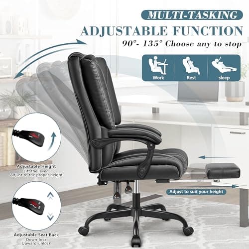 Guessky Big and Tall Office Desk Chair - Comfy Heavy Duty Reclining Executive Leather Computer Chair with Footrest - Black 6
