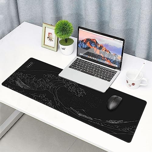 Japanese Gaming Mouse Pad Black Mouse Pad Kanagawa Large Mousepad Non-Slip Rubber Base Waterproof with Stitched Edges for Gaming Office Home, 31.5x11.8 Inch (Black Wave) 6