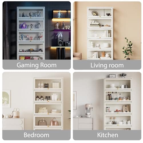 BONITURE Display Cabinet with Acrylic Glass Doors,5-Tiers Curio Cabinet with LED Lighting for Collectibles, Collectibles Toy Organizers Rack & Display Shelf Display Case Storage Cabinet, White 5