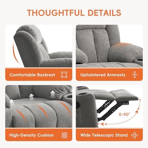 Ketaiyou Rocker Swivel Recliner Chair for Adults, Overstuffed Large Manual Recliner Glider with Massage and Heat, Comfy Soft Fabric Living Room Reclining Sofa Chair (Lime Gray) 6