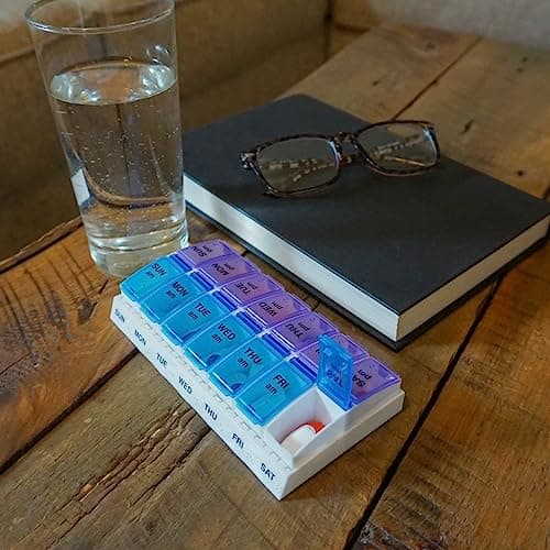EZY DOSE Weekly AM/PM Pill Organizer, 7-Day Vitamin Container and Daily Medication Box with Large Pop-Out Compartments, 2 Times a Day Pill Holder, Blue and Purple Lids, Travel-Friendly Design 9