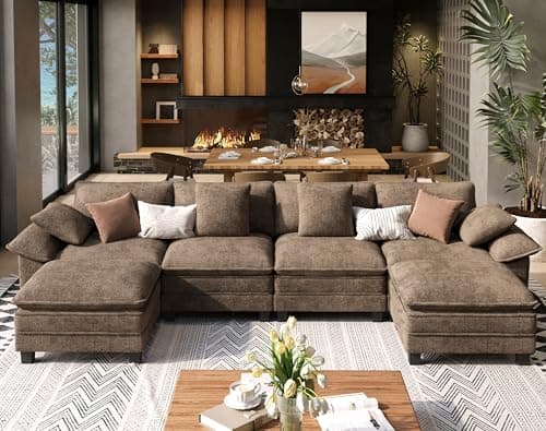 SUNSHINE VALLEY U Shaped Modular Cloud Couch, 157.5'' Oversized Chenille Sectional Sofa with Wider Armrest and Ottoman, Upholstered 6-Seat Modern Deep Seat for Bedroom Living Room, Taupe