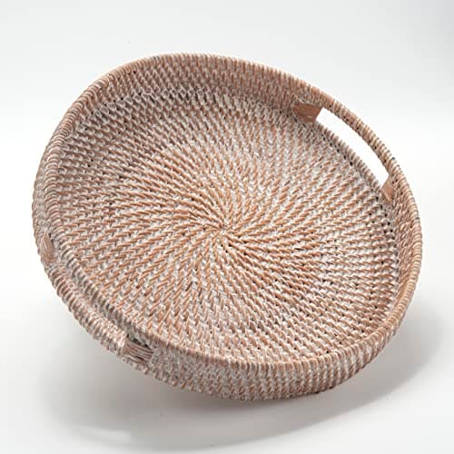 Round Rattan Serving Tray Decorative Woven Ottoman Trays with Handles for Coffee Table White (Small 11.8 inch x 2 inch)