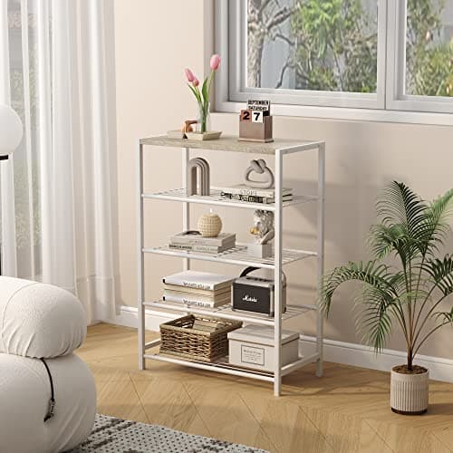 HOMEFORT 5-Tier Shoe Rack, Storage Shelf, Industrial Tower, Narrow Organizer for Closet Entryway, Small Table With Durable Metal Shelves, White Oak 5