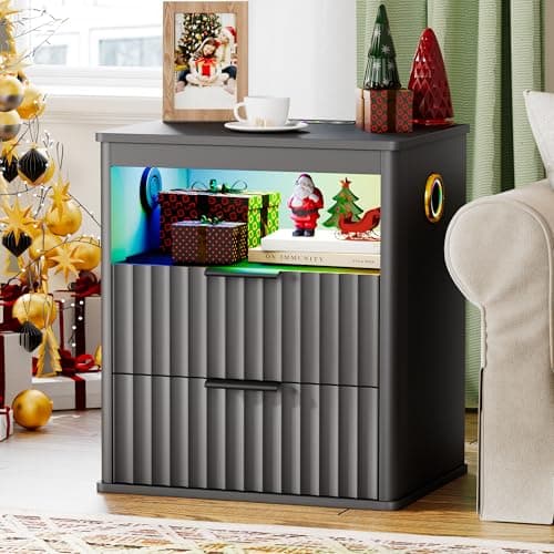 Lvifur Fluted Night Stand - with Bluetooth Speaker,Smart Bedside Table with Charging Station,LED End Tabe with Human Sensor Lights,RGB Nightstand w/ 2 Drawer,Bedroom,Grey