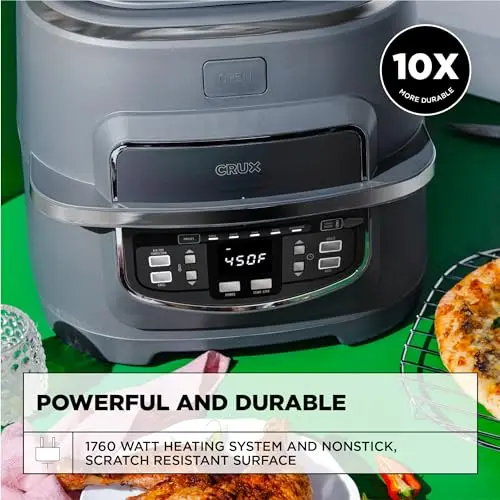 CRUX Smokeless Indoor Grill and Digital Air Fryer Oven Combo with Adjustable Temperature and 5 Preset Functions, Large 12" x 12" Grate and 5.8 Qt Basket, Matte Gray 6
