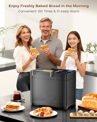 KBS Premium 2LB Convection Bread Maker Dual Heaters, 710W Stainless Steel 17-in-1 Bread Machine Healthy Ceramic Pan, Nut Dispenser,Touch Panel, 3 Loaf Sizes 3 Crust Colors, 15H Timer,Low Noise,Recipes 7