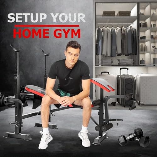 OPPSDECOR 6 in 1 900LBS Weight Bench with Leg Extension and Leg Curl, Foldable Bench Press Set and Squat Barbell Rack with Preacher Curl, Adjustable Workout Bench for Home Gym Strength Training PXZXYX1 (Red) 8