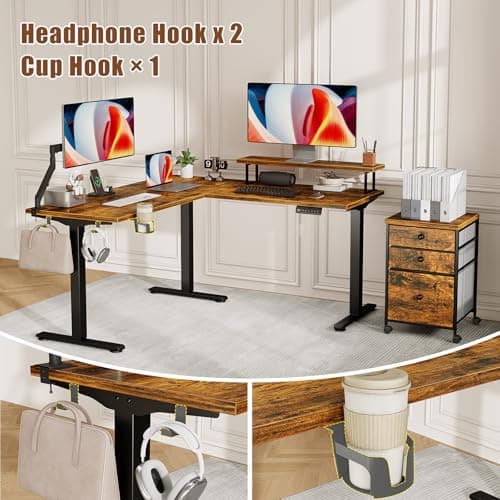 Electric L Shaped Standing Desk with File Cabinet, 59" x 59" Corner Computer Desk with Drawers, Dual Motor Stand Up Desk with Storage, FLYCITY Home Office Standing Desk Adjustable Height, Rustic Brown 7
