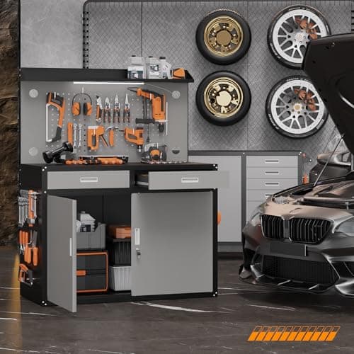 Rumetol 65" Heavy Duty Garage Workbench with Storage Drawers & Pegboard,2000lbs Capacity Metal Work Bench with Lockable Magnetic Cabinets,Adjustable LED Light for Workshop/Garage 8