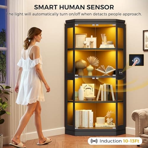 Jocoevol Corner Display Cabinet with Glass Doors, 4-Tier Display Cases for Collectibles with RGB Lights, 67'' Tall Corner Curio Cabinet with Human Body Sensor for Living/Game Room, Black 5