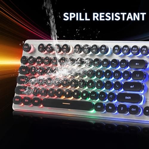 ANSWK Typewriter Style Keyboard with Metal Panel, Rainbow LED Backlit, Round Keys, Anti-ghosting, Spill Resistant, Light Up USB Wired Retro 104 Keys for Office,Gaming, Black/Silver 7
